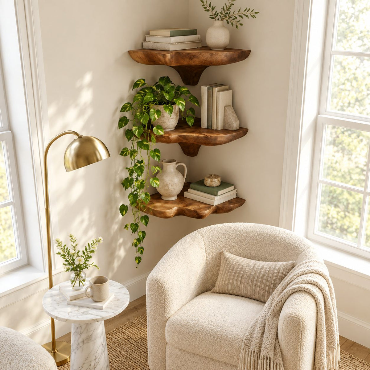 Wavy Rim Corner Mushroom Shelf, Hand Carved Solid Wood Floating Corner Shelf for Reading Nook and Hallway