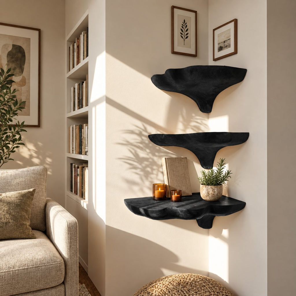 Wavy Rim Corner Mushroom Shelf, Hand Carved Solid Wood Floating Corner Shelf for Reading Nook and Hallway