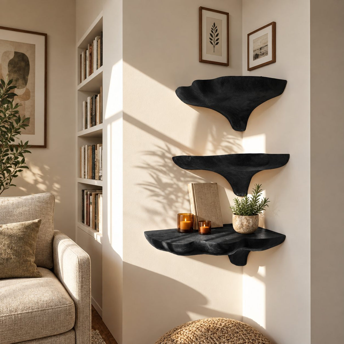 Wavy Rim Corner Mushroom Shelf, Hand Carved Solid Wood Floating Corner Shelf for Reading Nook and Hallway