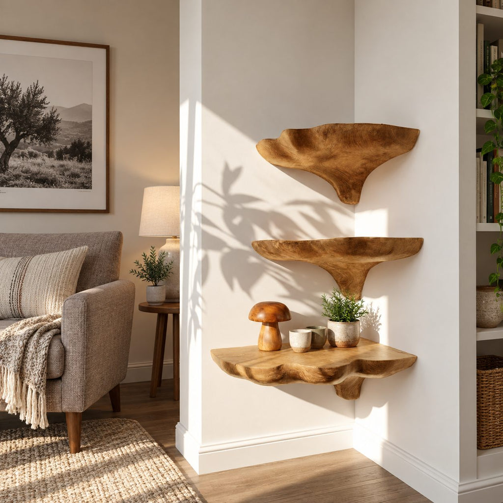 Wavy Rim Corner Mushroom Shelf, Hand Carved Solid Wood Floating Corner Shelf for Reading Nook and Hallway