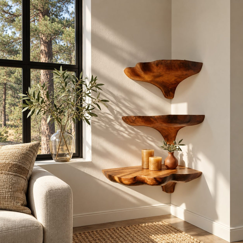 Wavy Rim Corner Mushroom Shelf, Hand Carved Solid Wood Floating Corner Shelf for Reading Nook and Hallway