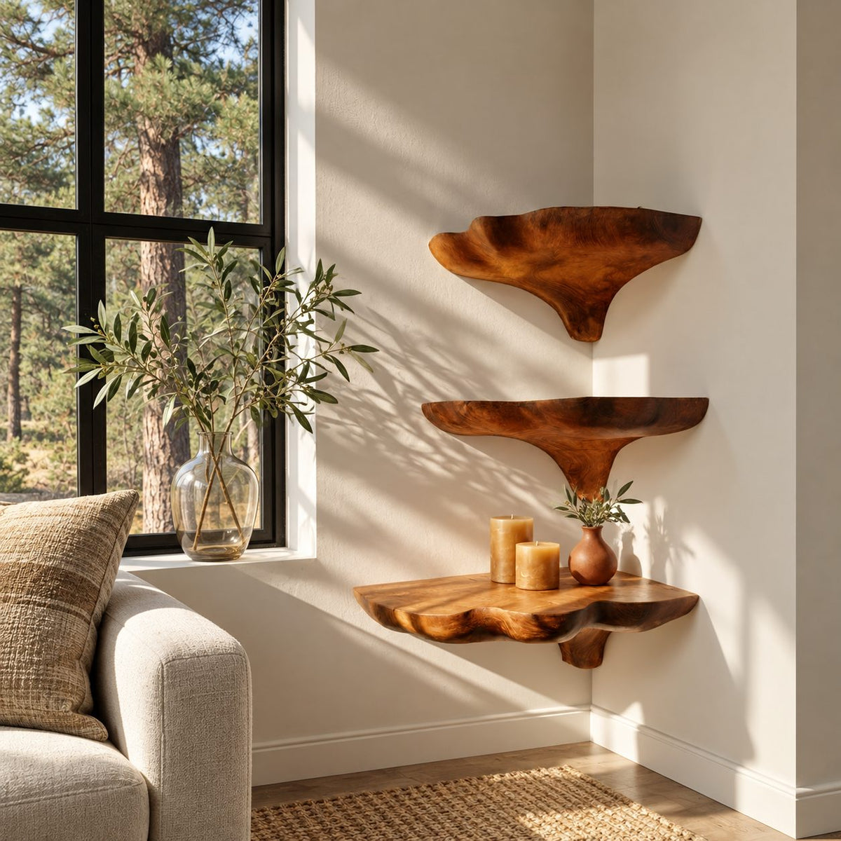 Wavy Rim Corner Mushroom Shelf, Hand Carved Solid Wood Floating Corner Shelf for Reading Nook and Hallway