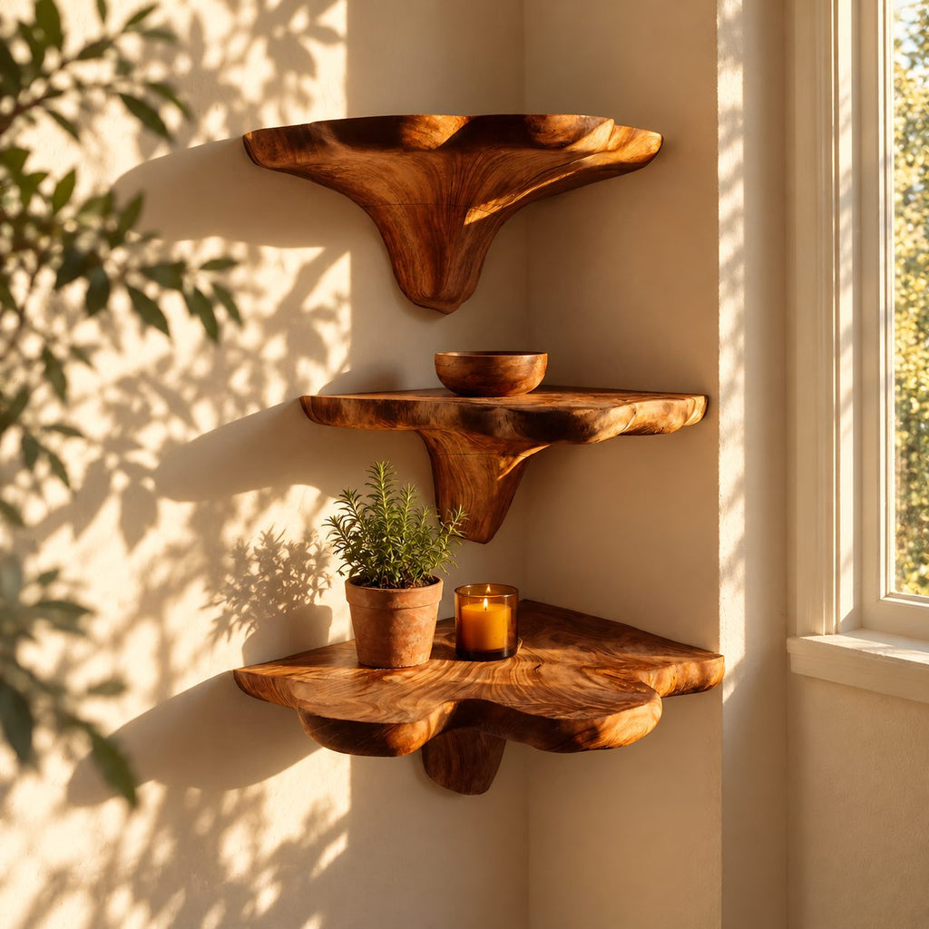 Flared Stem Corner Mushroom Shelf, Live Edge Solid Wood Floating Corner Shelf for Bedroom and Lounge