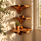 Flared Stem Corner Mushroom Shelf, Live Edge Solid Wood Floating Corner Shelf for Bedroom and Lounge