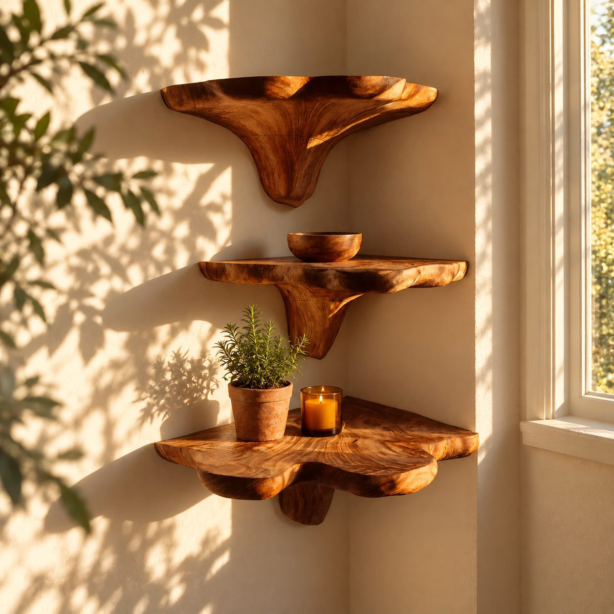 Flared Stem Corner Mushroom Shelf, Live Edge Solid Wood Floating Corner Shelf for Bedroom and Lounge