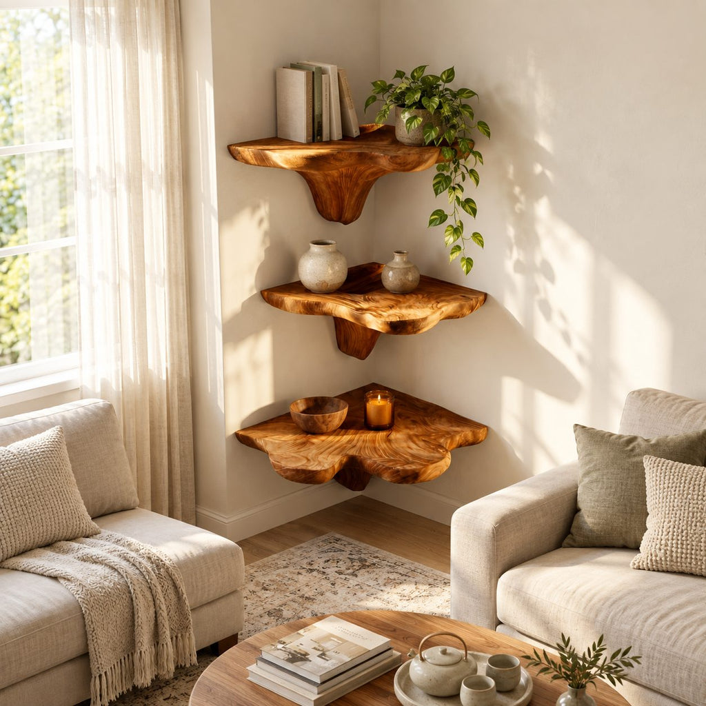 Flared Stem Corner Mushroom Shelf, Live Edge Solid Wood Floating Corner Shelf for Bedroom and Lounge