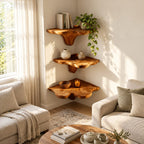 Flared Stem Corner Mushroom Shelf, Live Edge Solid Wood Floating Corner Shelf for Bedroom and Lounge