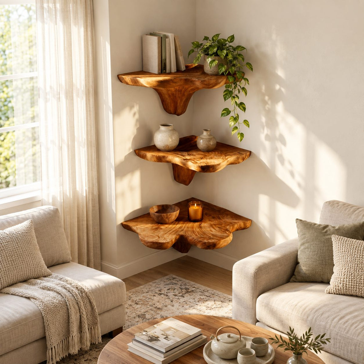 Flared Stem Corner Mushroom Shelf, Live Edge Solid Wood Floating Corner Shelf for Bedroom and Lounge