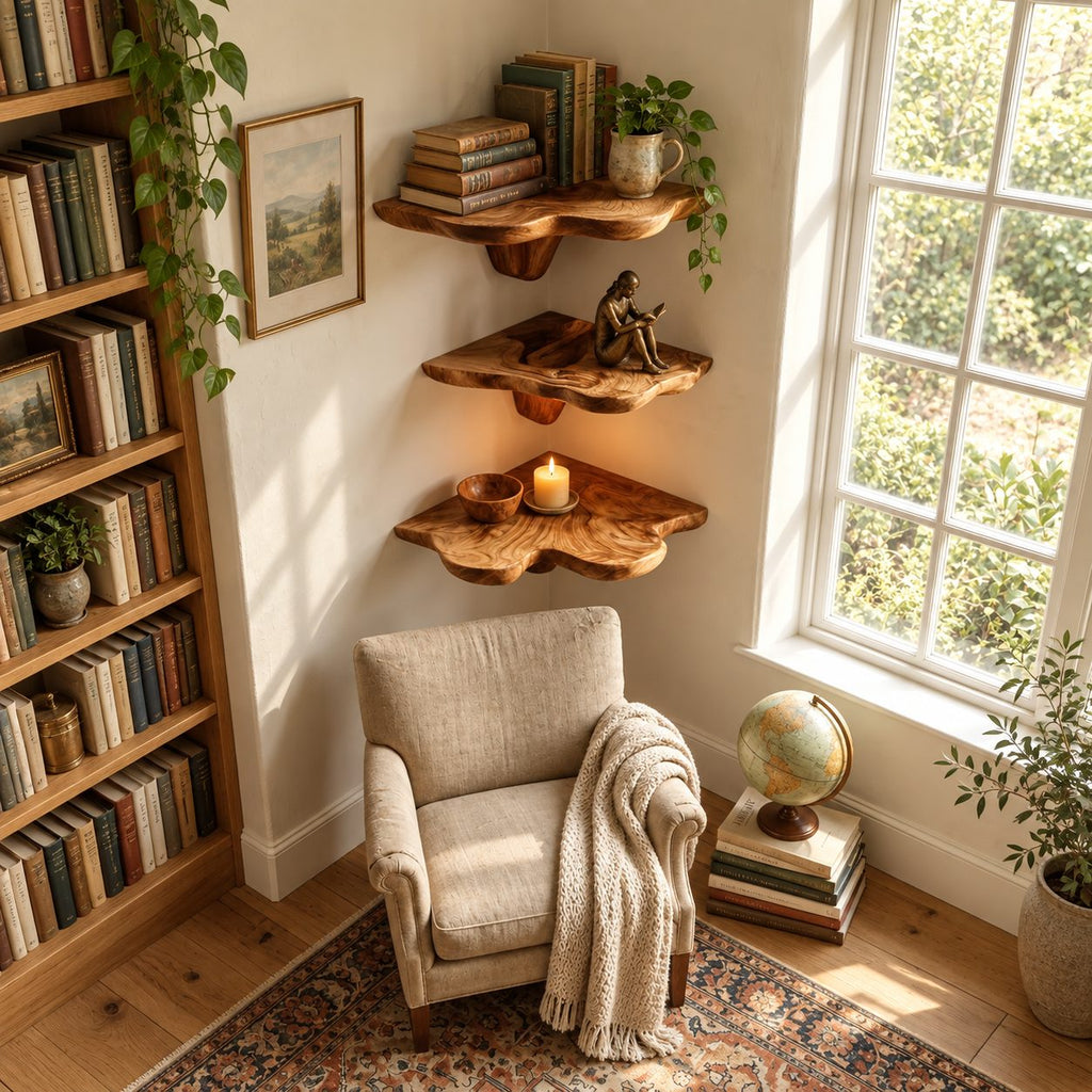 Flared Stem Corner Mushroom Shelf, Live Edge Solid Wood Floating Corner Shelf for Bedroom and Lounge