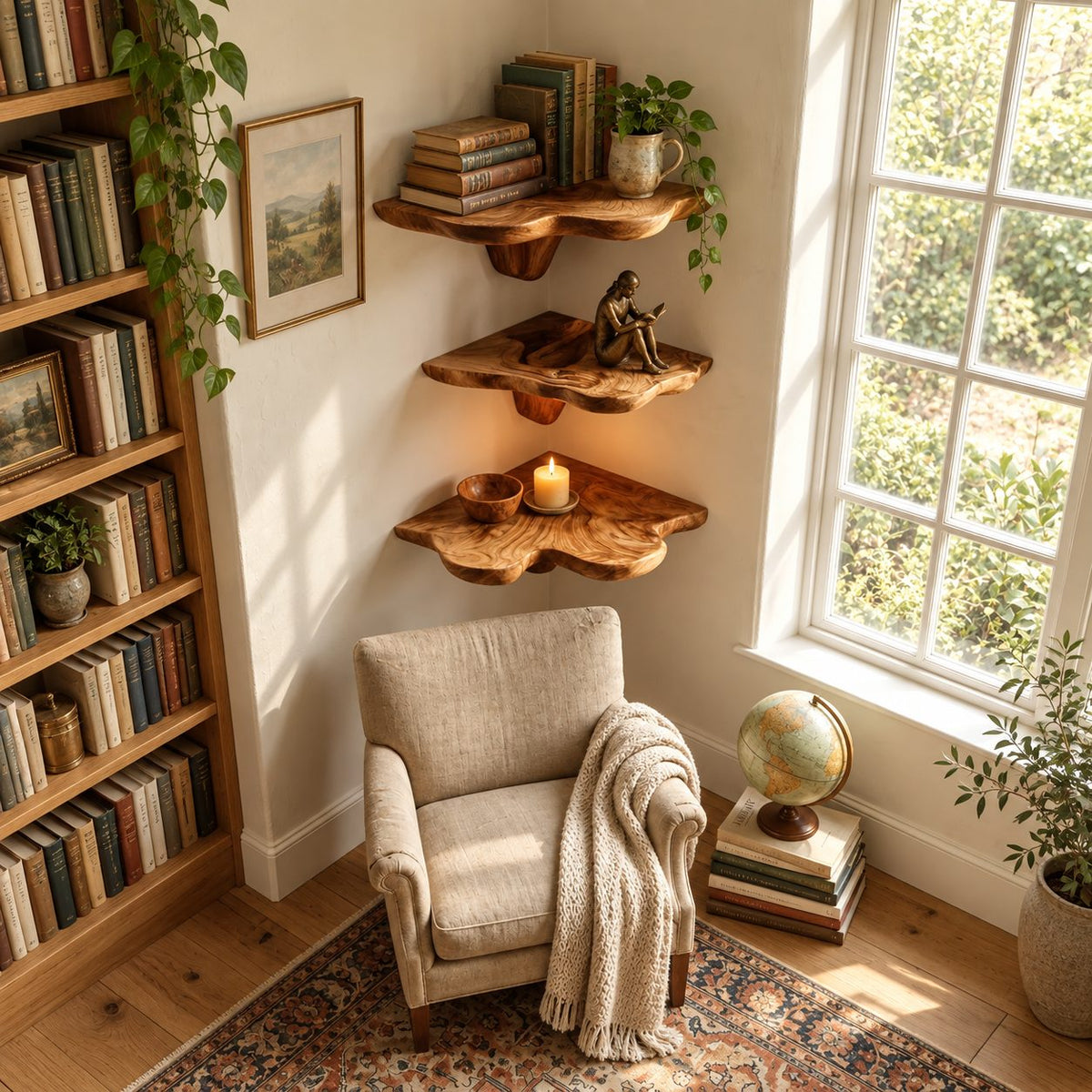 Flared Stem Corner Mushroom Shelf, Live Edge Solid Wood Floating Corner Shelf for Bedroom and Lounge