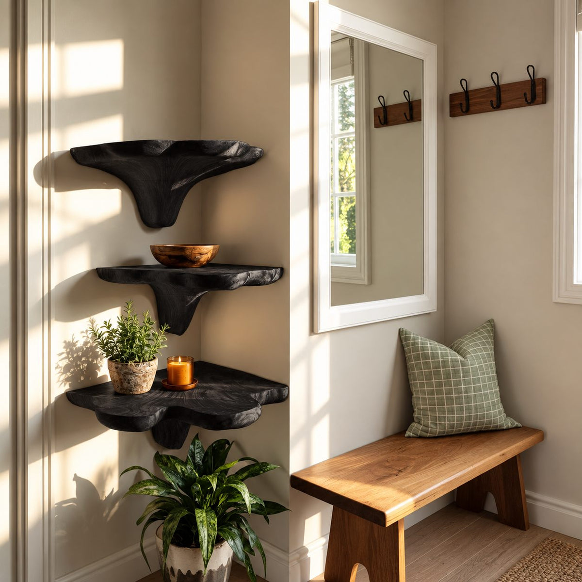 Flared Stem Corner Mushroom Shelf, Live Edge Solid Wood Floating Corner Shelf for Bedroom and Lounge