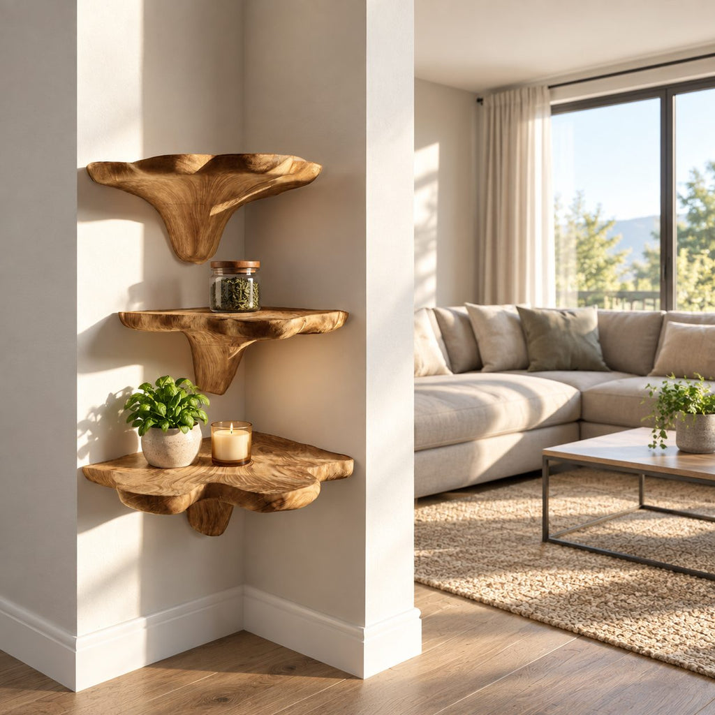 Flared Stem Corner Mushroom Shelf, Live Edge Solid Wood Floating Corner Shelf for Bedroom and Lounge