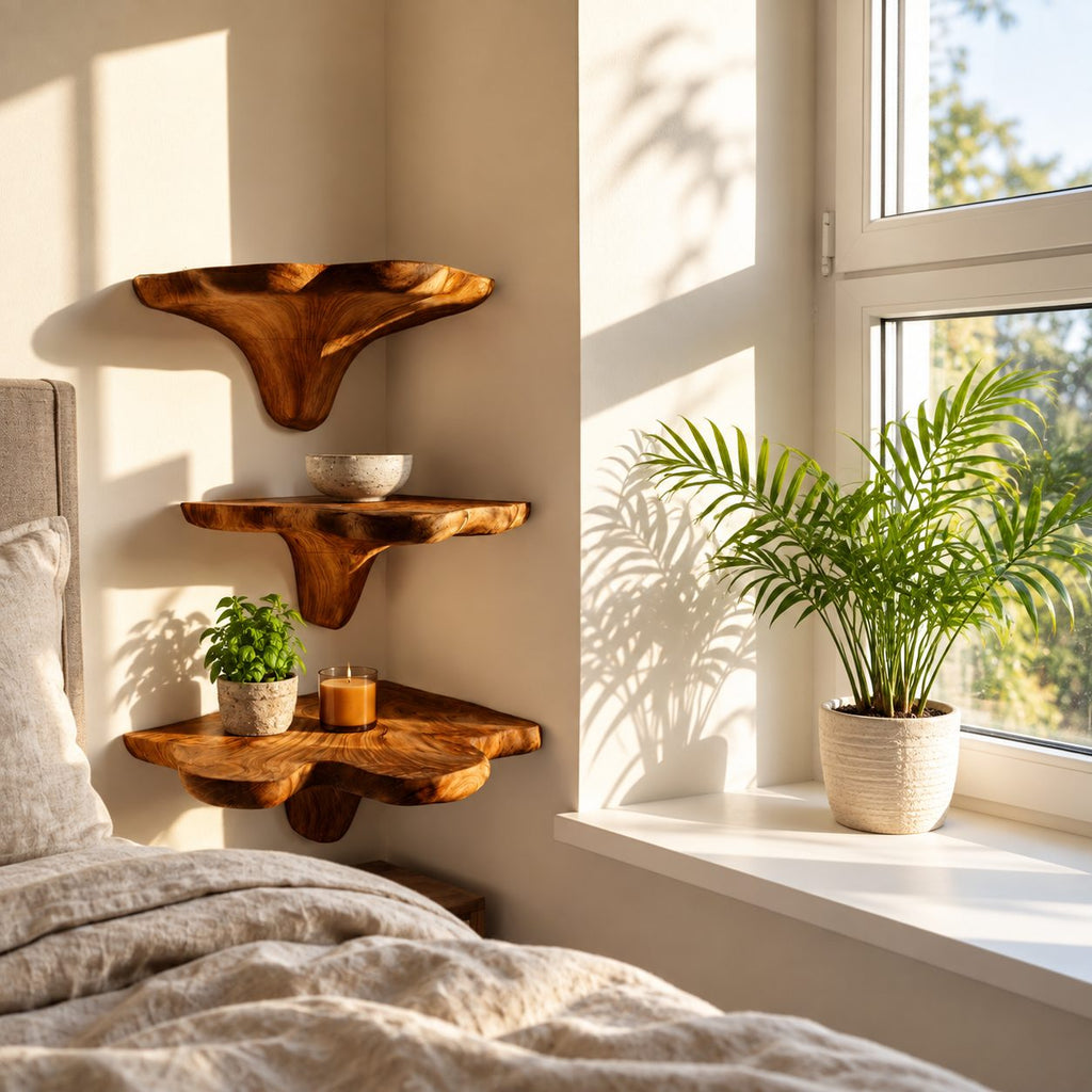 Flared Stem Corner Mushroom Shelf, Live Edge Solid Wood Floating Corner Shelf for Bedroom and Lounge