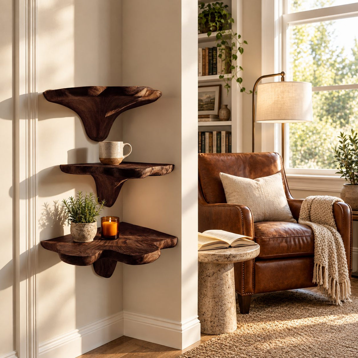 Flared Stem Corner Mushroom Shelf, Live Edge Solid Wood Floating Corner Shelf for Bedroom and Lounge