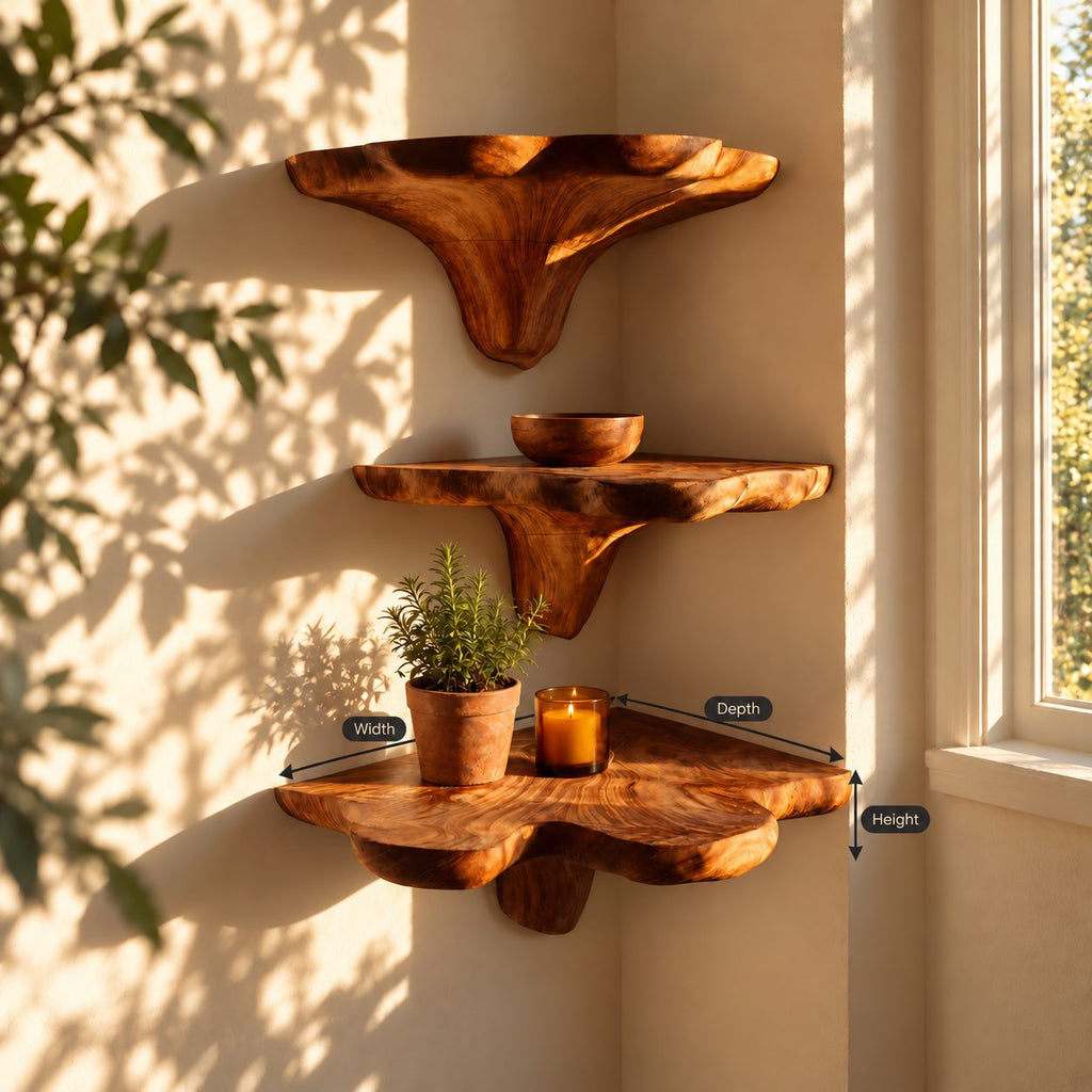 Flared Stem Corner Mushroom Shelf, Live Edge Solid Wood Floating Corner Shelf for Bedroom and Lounge