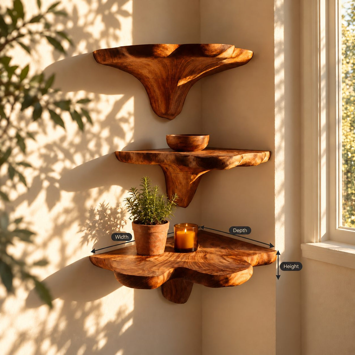 Flared Stem Corner Mushroom Shelf, Live Edge Solid Wood Floating Corner Shelf for Bedroom and Lounge