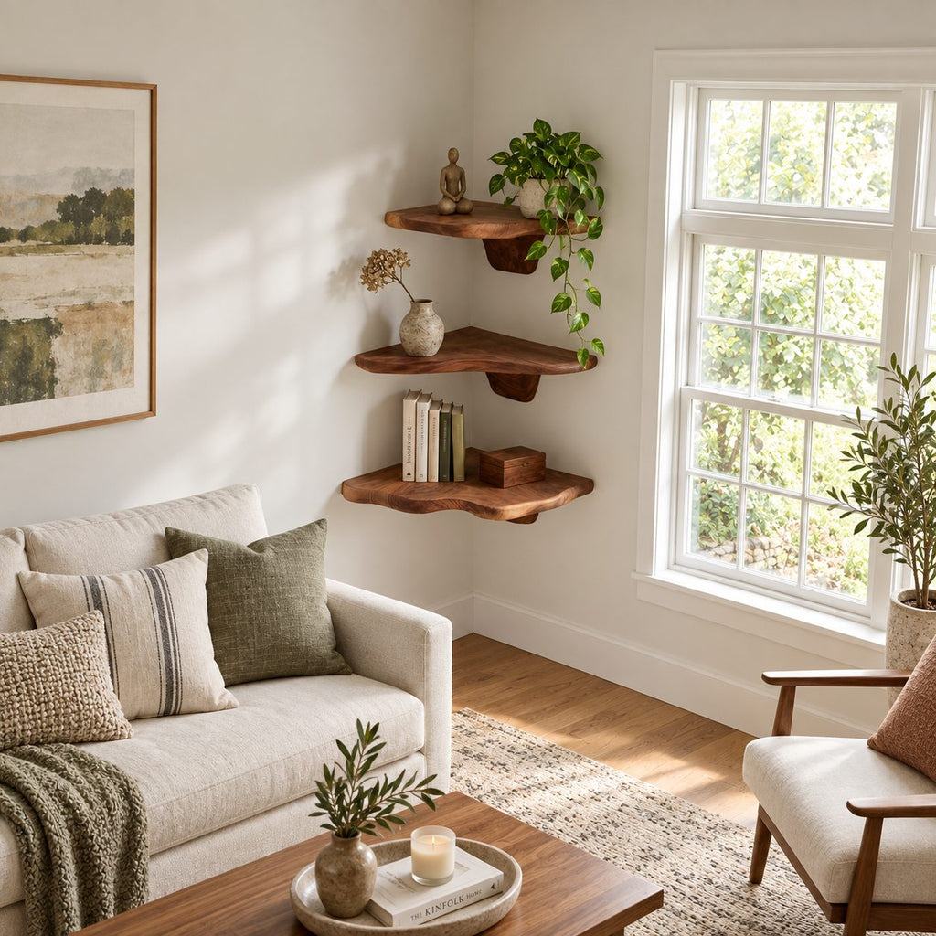 Long Drop Corner Mushroom Shelf, Sculpted Live Edge Solid Wood Floating Corner Shelf for Entryway and Bedroom