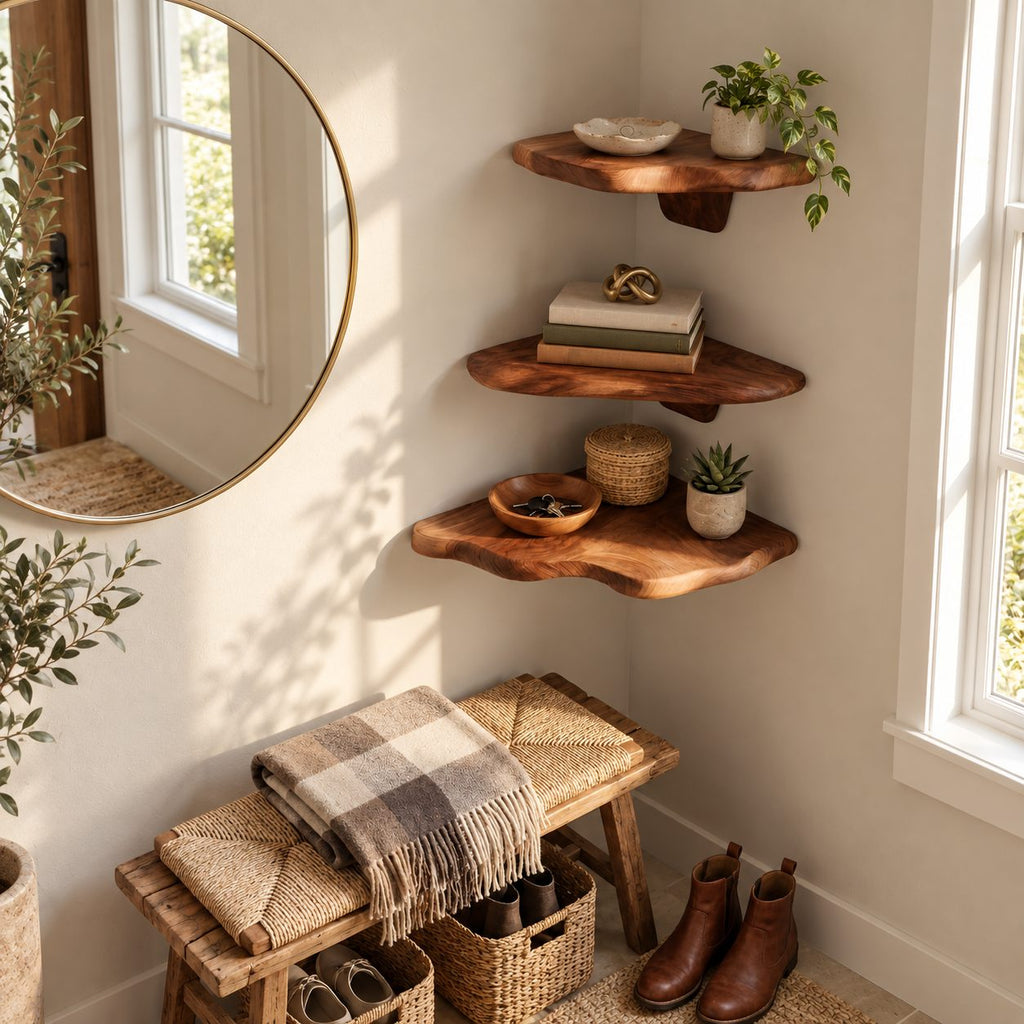 Long Drop Corner Mushroom Shelf, Sculpted Live Edge Solid Wood Floating Corner Shelf for Entryway and Bedroom