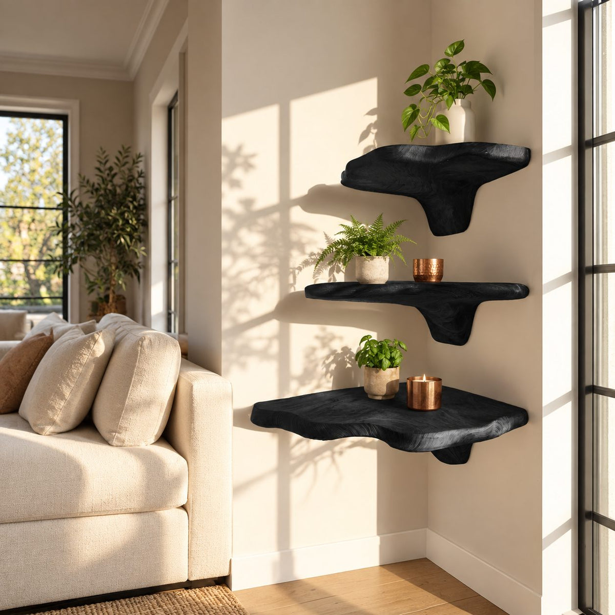 Long Drop Corner Mushroom Shelf, Sculpted Live Edge Solid Wood Floating Corner Shelf for Entryway and Bedroom