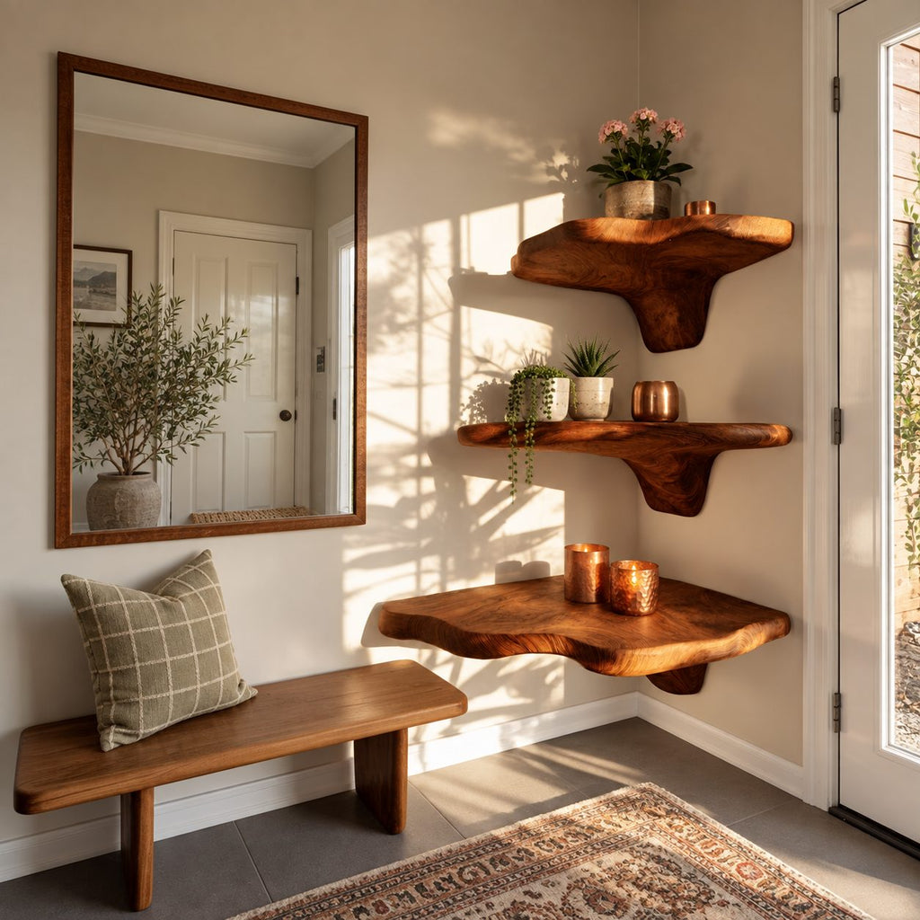 Long Drop Corner Mushroom Shelf, Sculpted Live Edge Solid Wood Floating Corner Shelf for Entryway and Bedroom