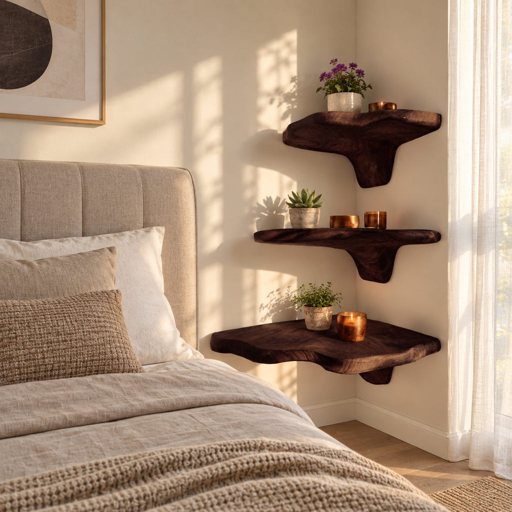Long Drop Corner Mushroom Shelf, Sculpted Live Edge Solid Wood Floating Corner Shelf for Entryway and Bedroom