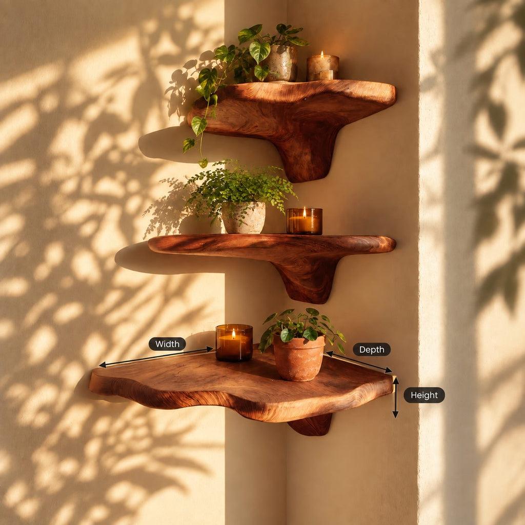 Long Drop Corner Mushroom Shelf, Sculpted Live Edge Solid Wood Floating Corner Shelf for Entryway and Bedroom