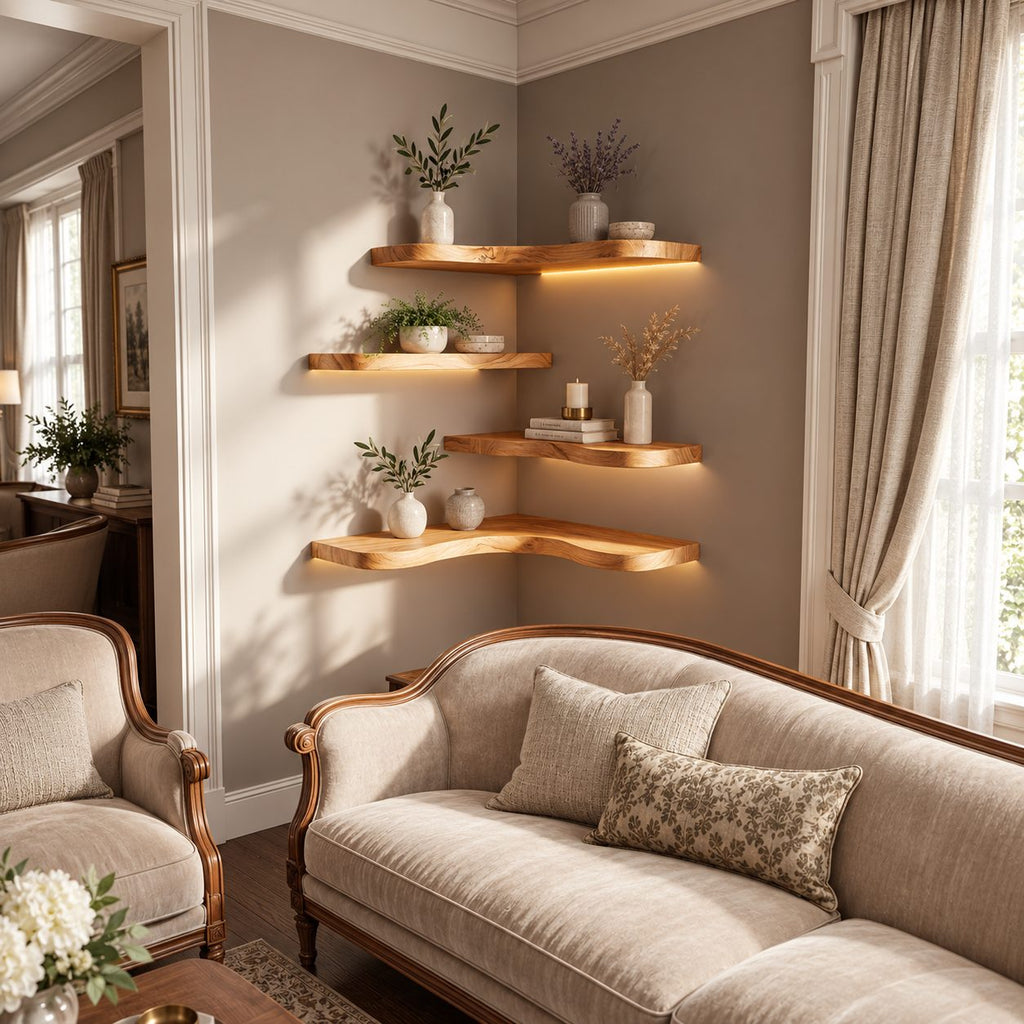 Corner Shelf, Layered Solid Wood Floating Corner Shelf with Soft Organic Edge for Living Room Display