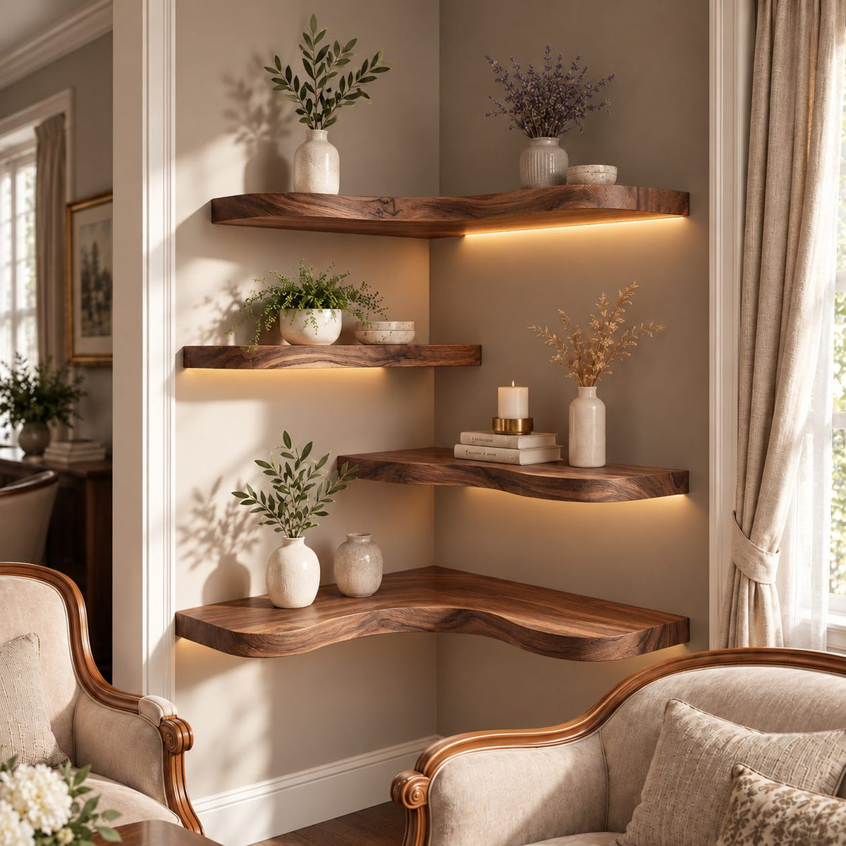Corner Shelf, Layered Solid Wood Floating Corner Shelf with Soft Organic Edge for Living Room Display
