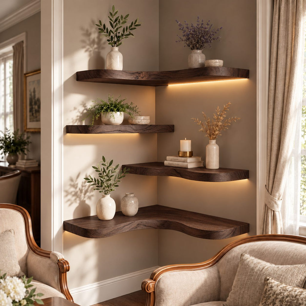 Corner Shelf, Layered Solid Wood Floating Corner Shelf with Soft Organic Edge for Living Room Display