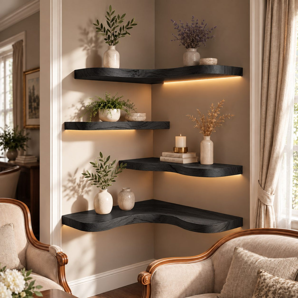 Corner Shelf, Layered Solid Wood Floating Corner Shelf with Soft Organic Edge for Living Room Display