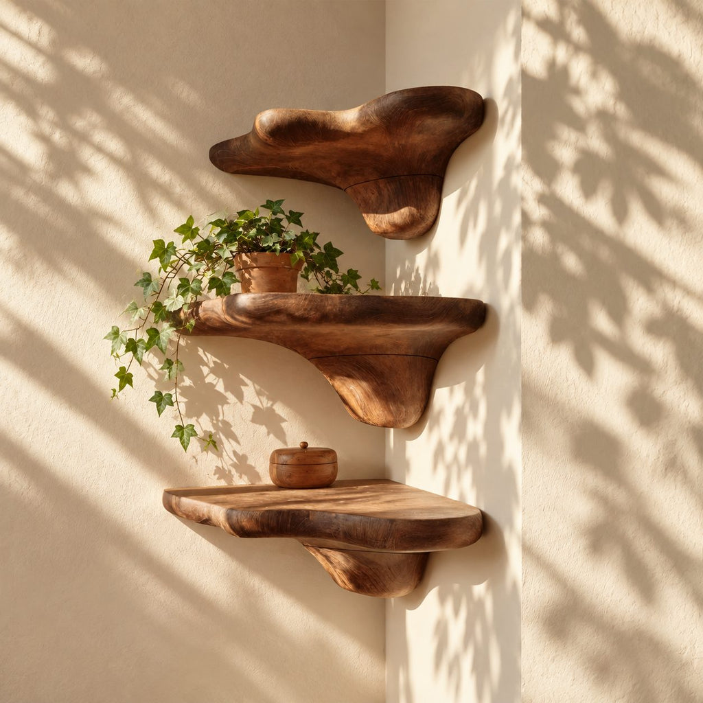 Pebble Cap Corner Mushroom Shelf, Chunky Rounded Solid Wood Floating Corner Shelf for Hallway and Kitchen