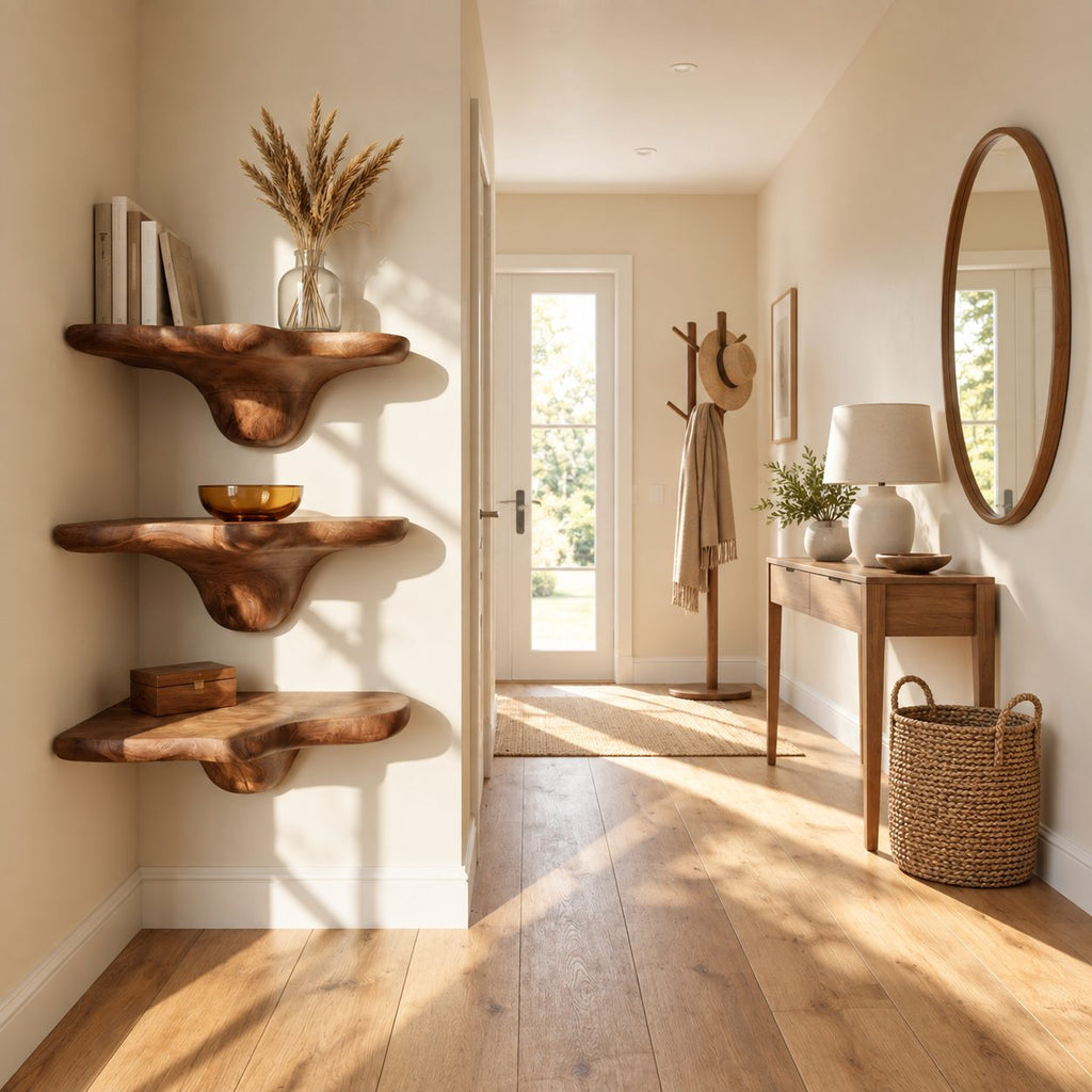 Pebble Cap Corner Mushroom Shelf, Chunky Rounded Solid Wood Floating Corner Shelf for Hallway and Kitchen