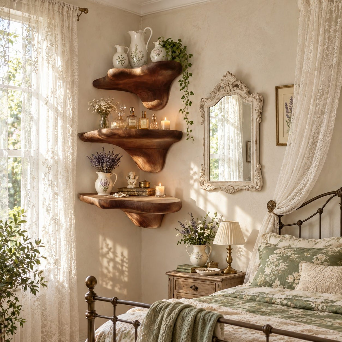 Pebble Cap Corner Mushroom Shelf, Chunky Rounded Solid Wood Floating Corner Shelf for Hallway and Kitchen