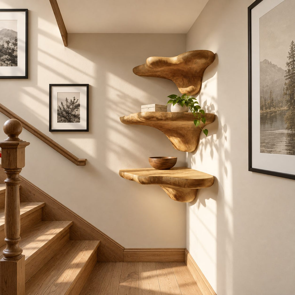 Pebble Cap Corner Mushroom Shelf, Chunky Rounded Solid Wood Floating Corner Shelf for Hallway and Kitchen