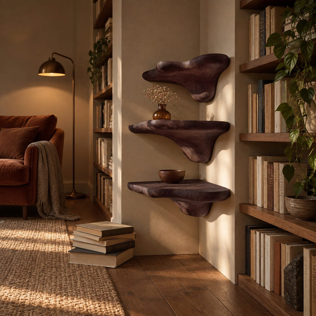 Pebble Cap Corner Mushroom Shelf, Chunky Rounded Solid Wood Floating Corner Shelf for Hallway and Kitchen