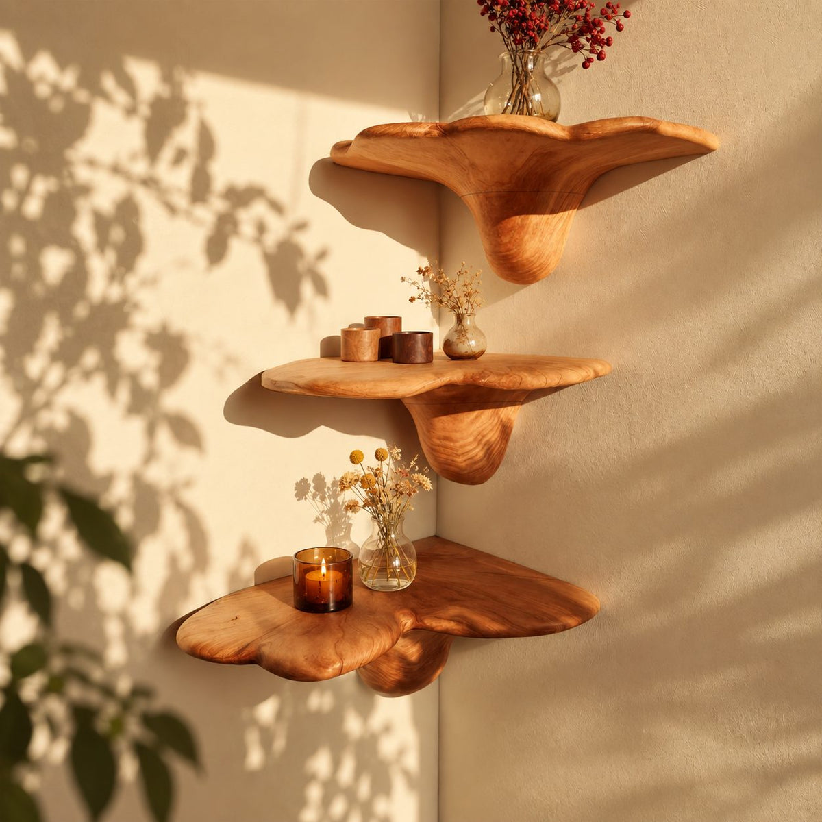Toadstool Corner Mushroom Shelf, Smooth Carved Solid Wood Floating Corner Shelf for Nursery and Bedroom