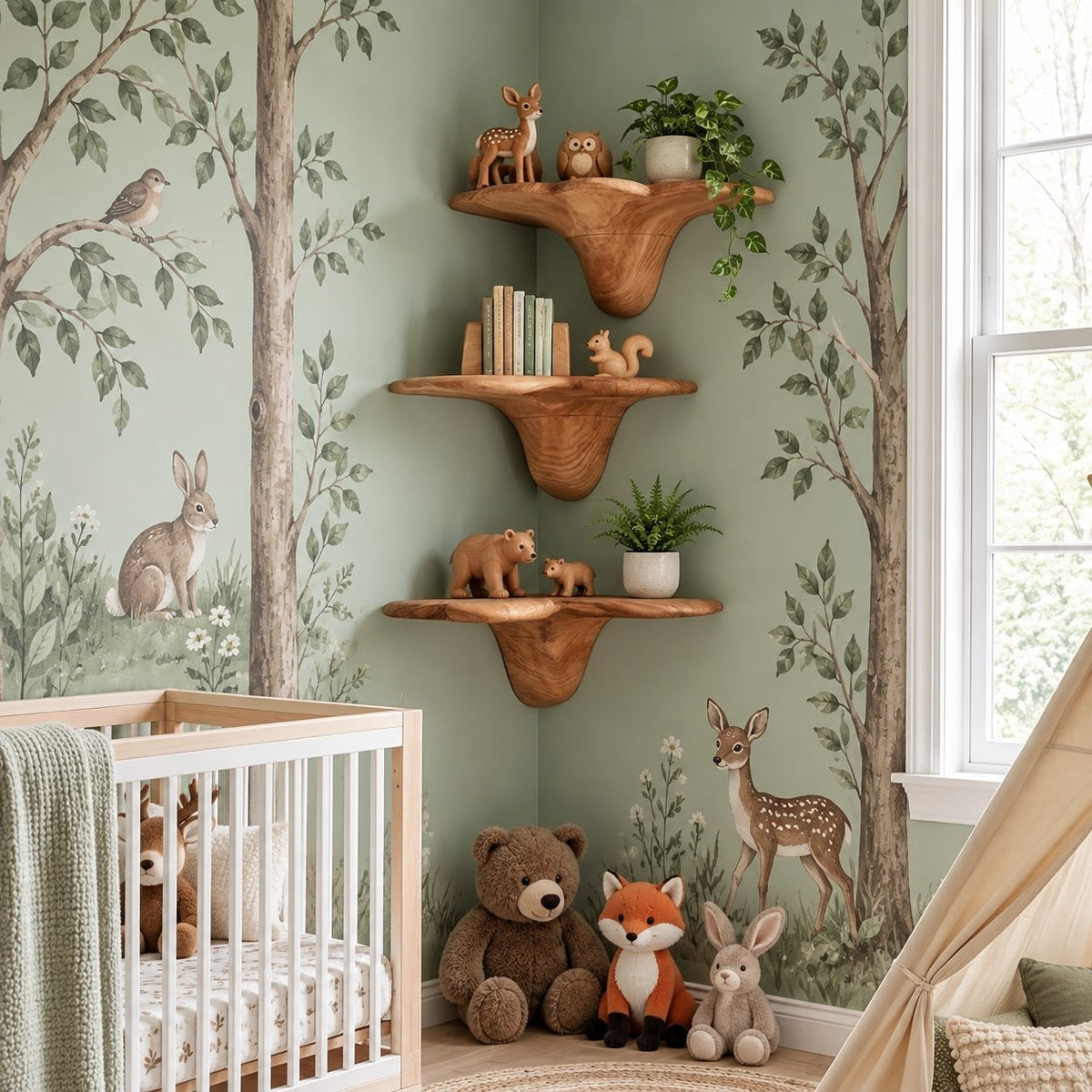 Toadstool Corner Mushroom Shelf, Smooth Carved Solid Wood Floating Corner Shelf for Nursery and Bedroom