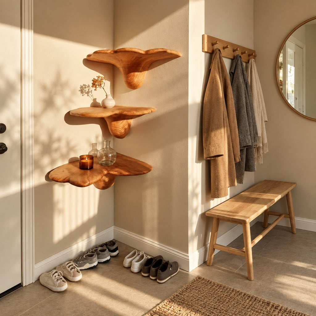 Toadstool Corner Mushroom Shelf, Smooth Carved Solid Wood Floating Corner Shelf for Nursery and Bedroom