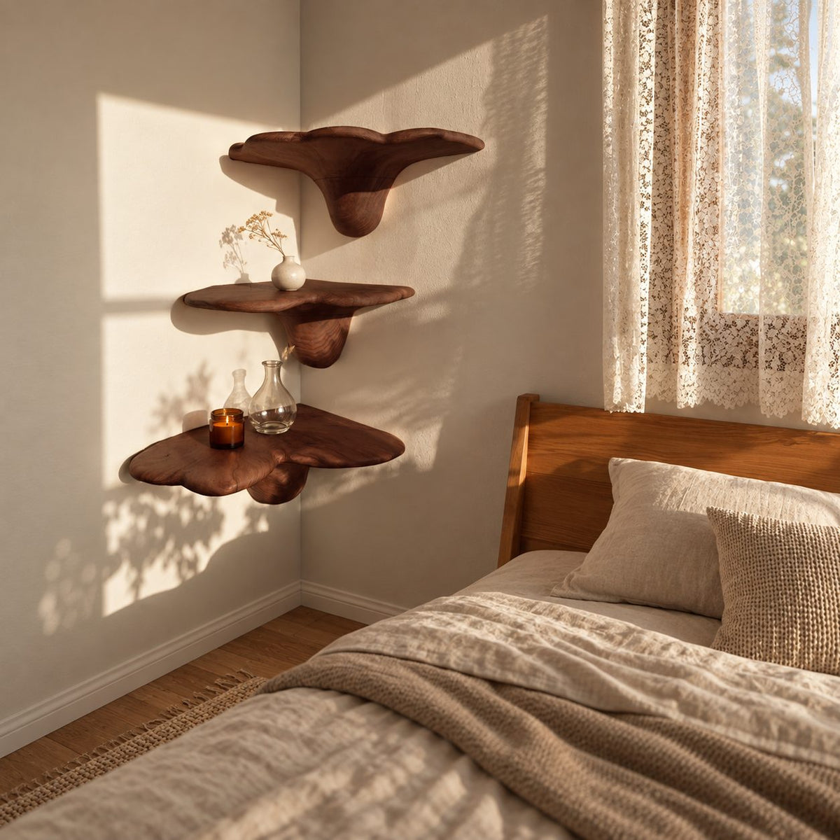 Toadstool Corner Mushroom Shelf, Smooth Carved Solid Wood Floating Corner Shelf for Nursery and Bedroom