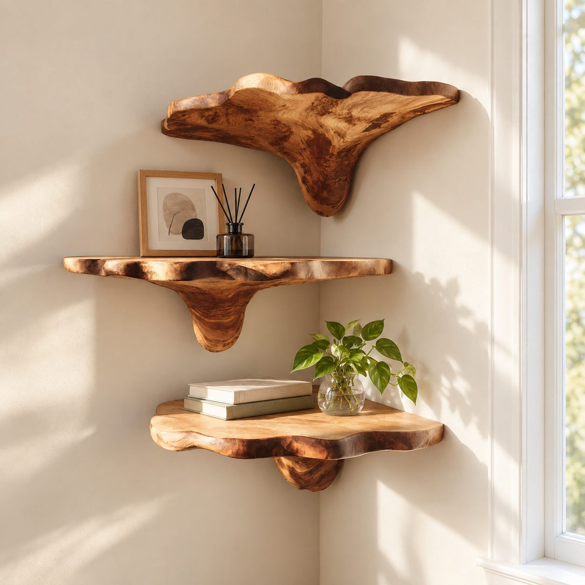 Winged Cap Corner Mushroom Shelf, Live Edge Solid Wood Floating Corner Shelf for Lounge and Study Corner