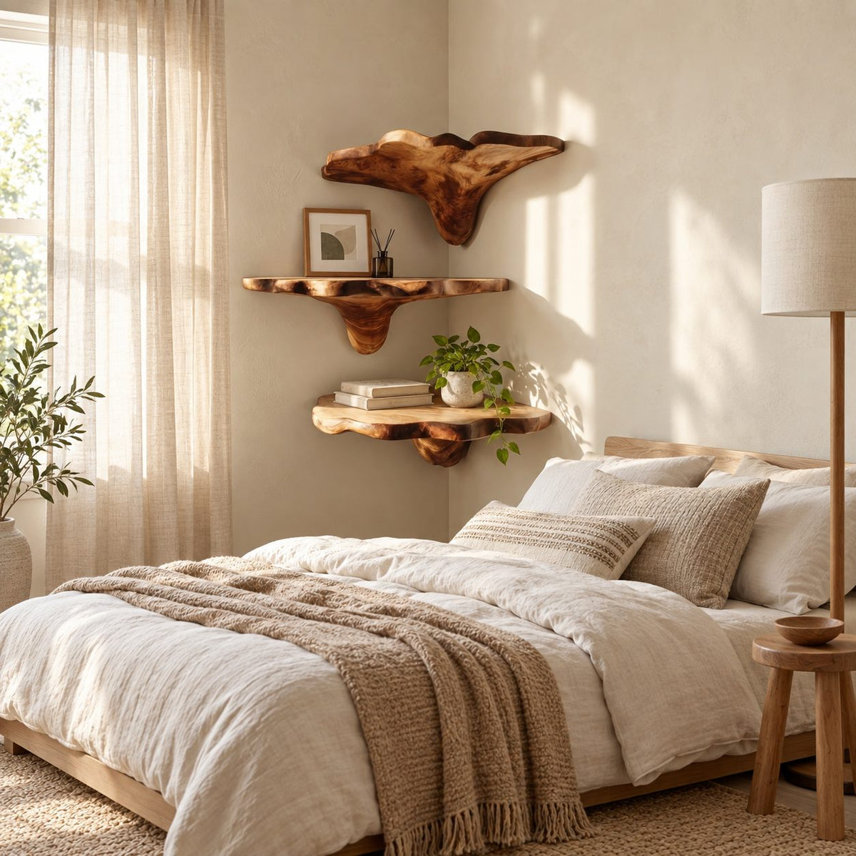 Winged Cap Corner Mushroom Shelf, Live Edge Solid Wood Floating Corner Shelf for Lounge and Study Corner