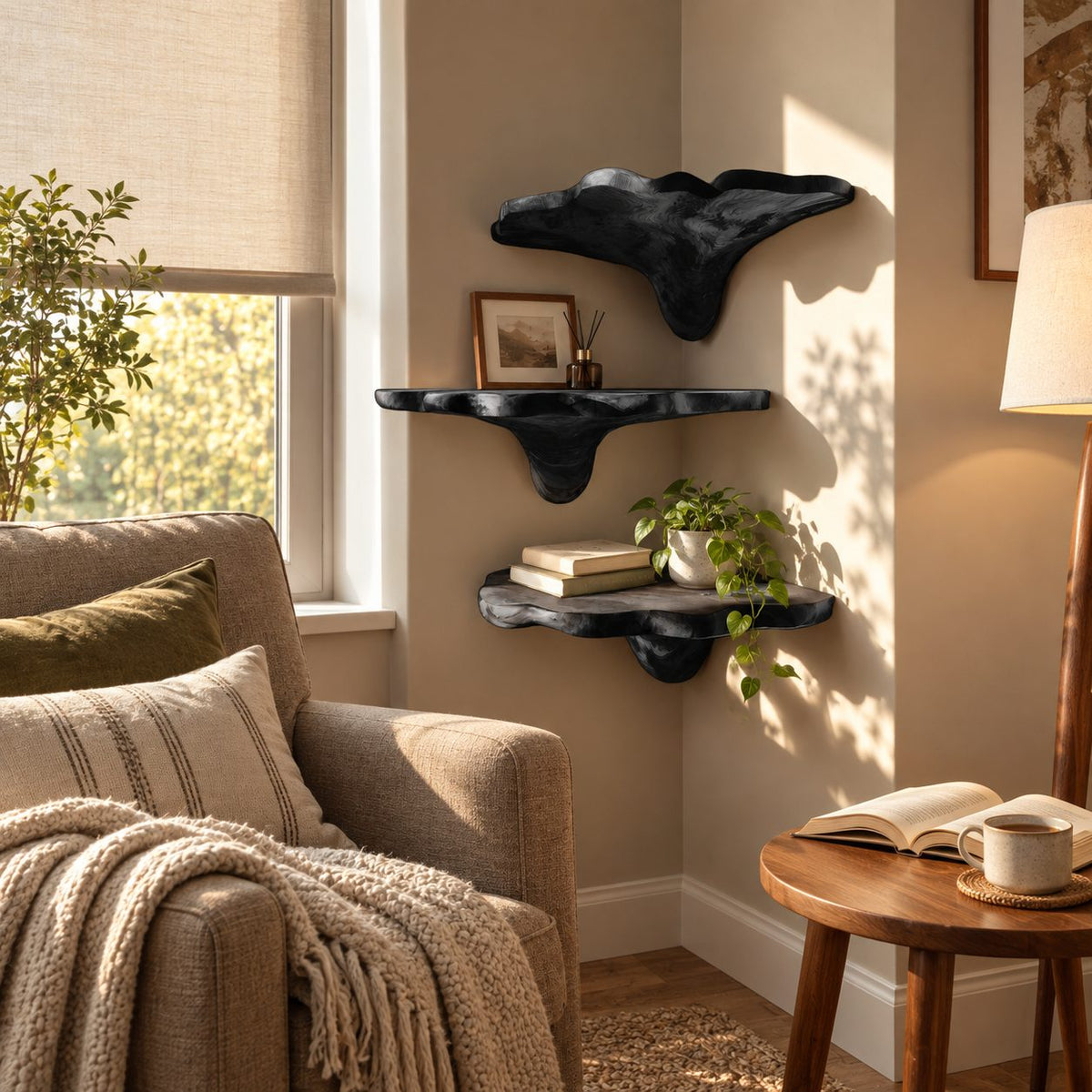 Winged Cap Corner Mushroom Shelf, Live Edge Solid Wood Floating Corner Shelf for Lounge and Study Corner