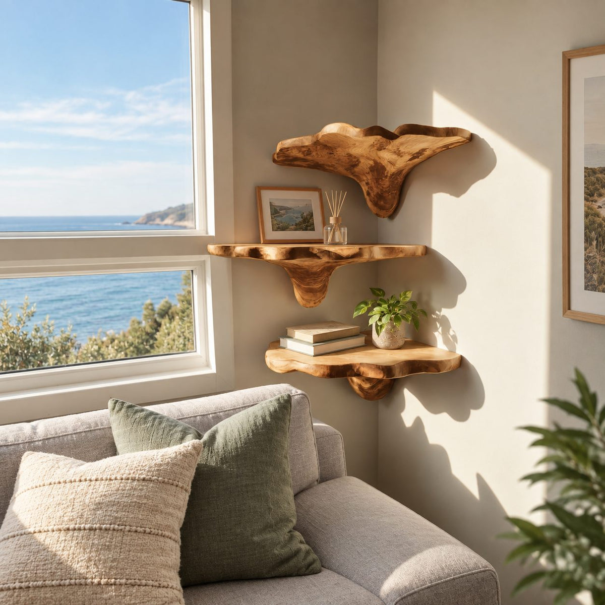 Winged Cap Corner Mushroom Shelf, Live Edge Solid Wood Floating Corner Shelf for Lounge and Study Corner