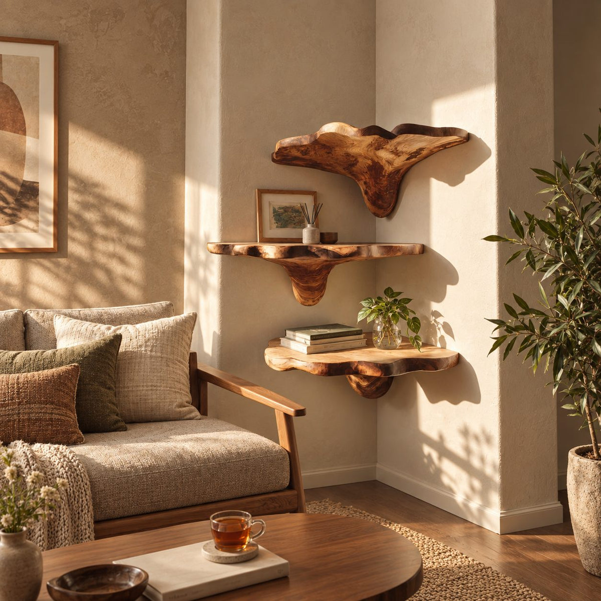 Winged Cap Corner Mushroom Shelf, Live Edge Solid Wood Floating Corner Shelf for Lounge and Study Corner