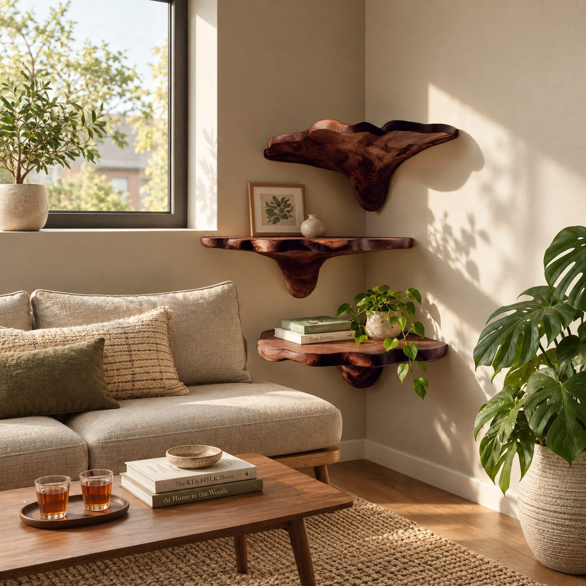Winged Cap Corner Mushroom Shelf, Live Edge Solid Wood Floating Corner Shelf for Lounge and Study Corner