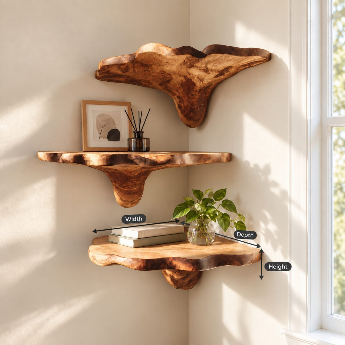 Winged Cap Corner Mushroom Shelf, Live Edge Solid Wood Floating Corner Shelf for Lounge and Study Corner