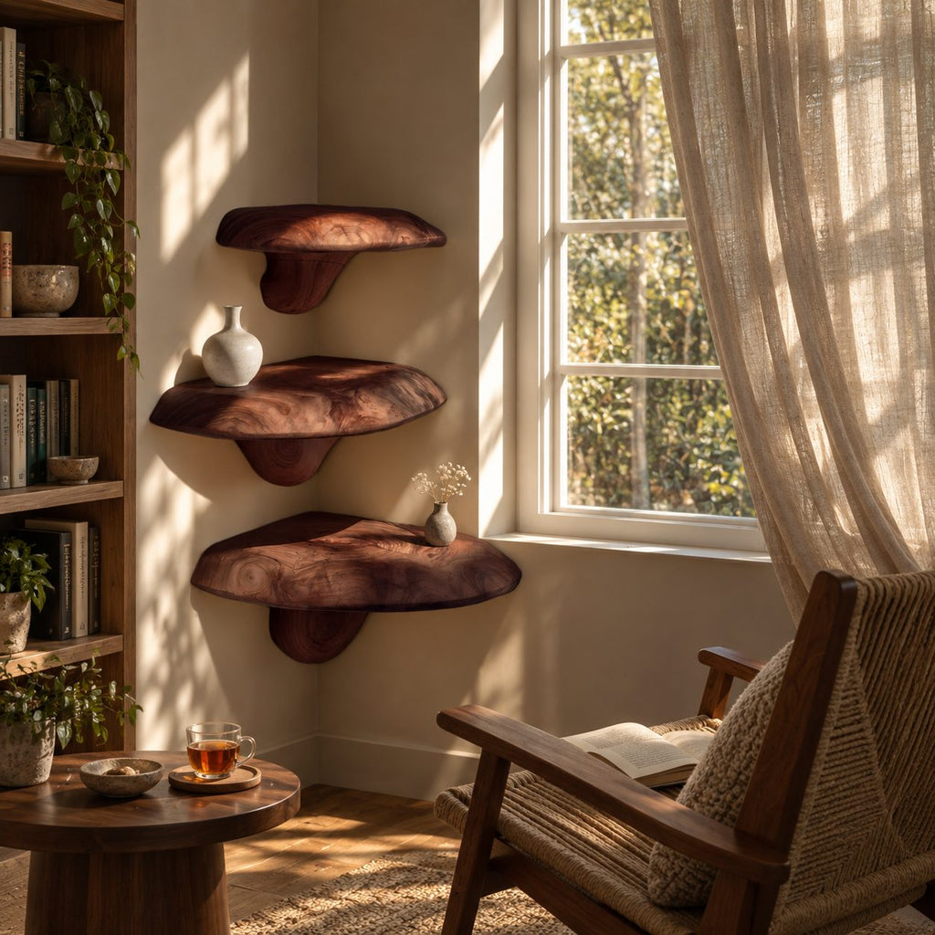 Smooth Oval Corner Mushroom Shelf, Rounded Edge Solid Wood Floating Corner Shelf for Dining Nook and Entryway