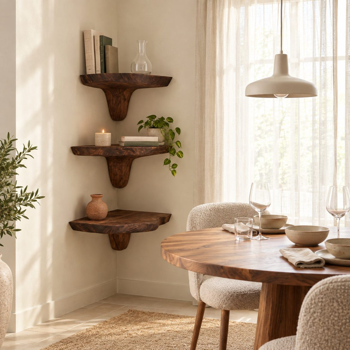 Funnel Stem Corner Mushroom Shelf, Live Edge Solid Wood Floating Corner Shelf for Kitchen Nook and Hallway