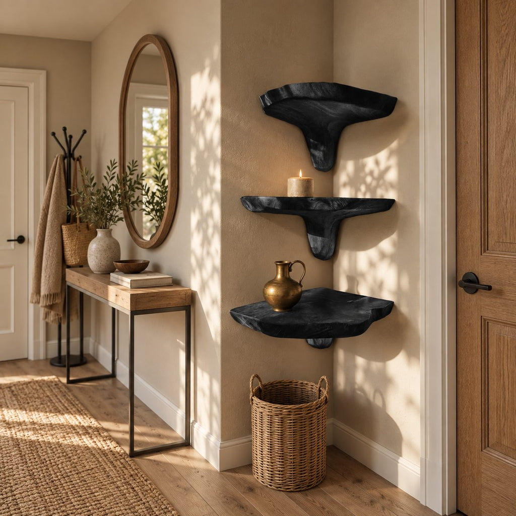 Funnel Stem Corner Mushroom Shelf, Live Edge Solid Wood Floating Corner Shelf for Kitchen Nook and Hallway