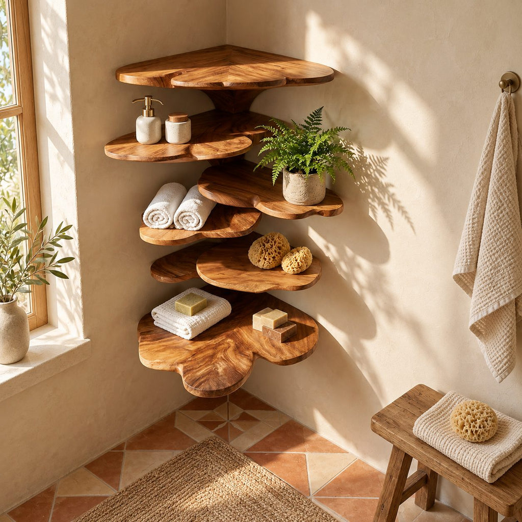 Ginkgo Leaf Corner Shelf Tower, Tiered Carved Solid Wood Floating Corner Shelf for Bedroom and Bathroom